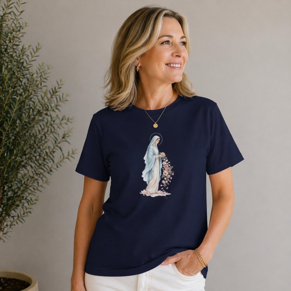 Virgin Mary - Grace in Bloom T-shirt - 16370539288309587090